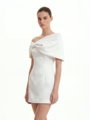 Satin Asymmetric Bow Mini Dress - White