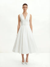Front V-Neck Pleated Midi Dress - White