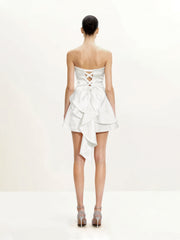 Satin Strapless Bow-Back Mini Dress - White