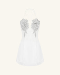 Flower Embroidered Mini Dress - White
