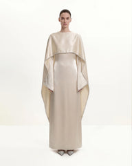 198Pearl-Trimmed Cape Sleeve Boat Neck Maxi Gown - Cream