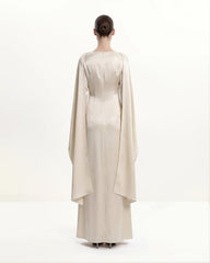 198Pearl-Trimmed Cape Sleeve Boat Neck Maxi Gown - Cream