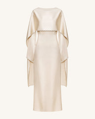 198Pearl-Trimmed Cape Sleeve Boat Neck Maxi Gown - Cream