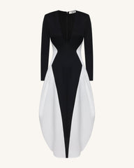 Monochrome Paneled Plunging V-Neck Long-Sleeve Maxi Dress - Black