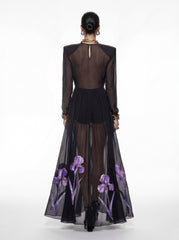 Iris Floral Print Long-Sleeve Sheer Gown - Black/Purple
