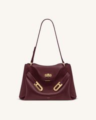 Rhea Pebbled Double Buckle Shoulder Bag - Dark Burgundy