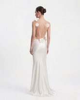 3D Floral Appliqué Satin Dress - White