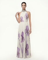 Jeweled-neck Halter Pleated Iris Print Maxi Dress - White/Purple