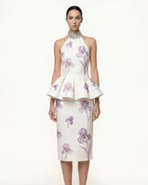 Iris Print High-Waisted Pencil Midi Skirt - White/Purple