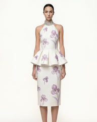 Iris Print High-Waisted Pencil Midi Skirt - White/Purple