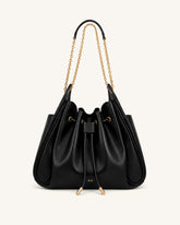 Rowan Ruched Drawstring Chain Bucket Bag - Black