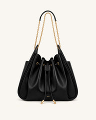 Rowan Ruched Drawstring Chain Bucket Bag - Black