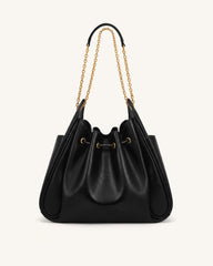 Rowan Ruched Drawstring Chain Bucket Bag - Black