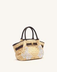 Hana Mini Faux Straw Beading Tote Bag - Brown