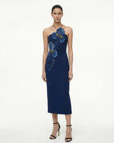 Iris Embroidered Halter Midi Dress - Navy Blue