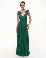Iris Embroidered Pleated V-Neck Maxi Dress - Emerald Green