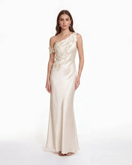 Floral Appliqué One Shoulder Sheath Maxi Dress - Ivory