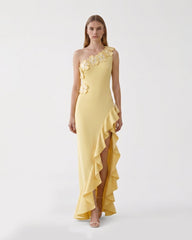 Floral Appliqué One Shoulder Ruffle Slit Dress - Yellow