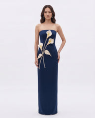 Floral Appliqué Strapless Dress - Navy Blue