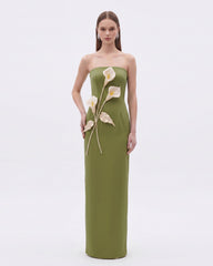 Floral Appliqué Strapless Dress - Olive Green