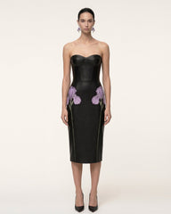Iris Floral-Print Strapless Corset Leather Midi Dress - Black