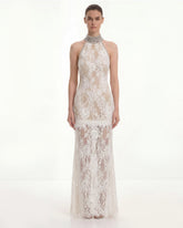Jeweled Lace Halter Dress - White