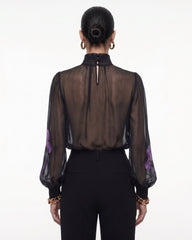 Iris Print Sheer High Neck Blouse - Black/Purple