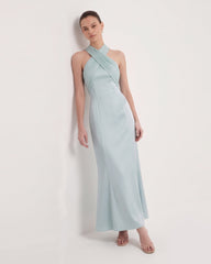 Pleated Cross-Halter Satin Maxi Dress - Dusty Blue