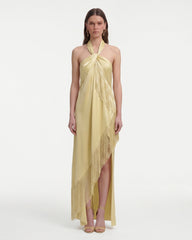 Fringe Halter Draped Satin Maxi Dress - Champagne