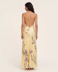 Iris Print Cross-Halter Open-Back Maxi Dress - Yellow