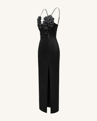 3D Floral Strappy Maxi Dress - Black