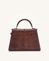 Elise Large Croc-Embossed Top Handle Bag - Chestnut Brown