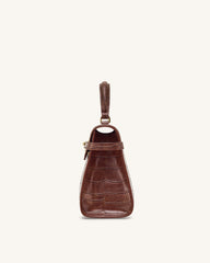 Elise Large Croc-Embossed Top Handle Bag - Chestnut Brown