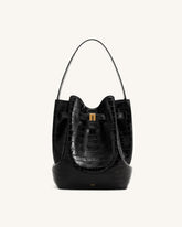Clara Lock Accent Bucket Shoulder Bag - Black Croc
