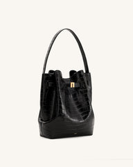 Clara Lock Accent Bucket Shoulder Bag - Black Croc