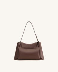 Rhea Pebbled Double Buckle Shoulder Bag - Dark Brown