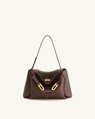 Rhea Pebbled Double Buckle Shoulder Bag - Dark Brown