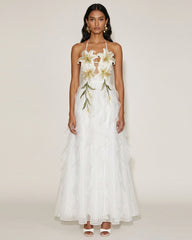Lily-Embroidered Embroidered Halter Tiered Maxi Dress - White