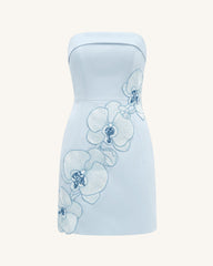 Orchid Embroidered Strapless Sheath Midi Dress - Light Blue