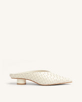 Helena Woven Textured Pointed Toe Mules - Beige