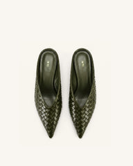 Helena Woven Textured Pointed Toe Mules - Olive Green