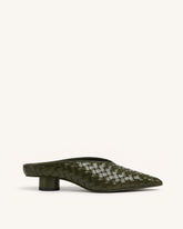 Helena Woven Textured Pointed Toe Mules - Olive Green