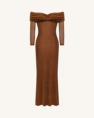 Rhinestone Mesh Off-Shoulder Maxi Dress - Brown