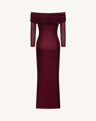 Rhinestone Mesh Off-Shoulder Maxi Dress - Claret
