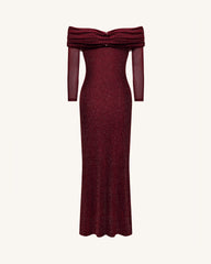 Rhinestone Mesh Off-Shoulder Maxi Dress - Claret