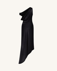 Satin Draped One-Shoulder Asymmetric Dress - Black