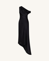 Satin Draped One-Shoulder Asymmetric Dress - Black