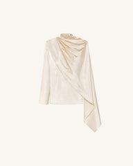 Asymmetric Drape High-Neck Cape Top - Cream