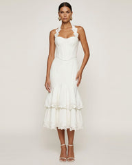Orchid Embroidered Halter Corset Midi Dress - White