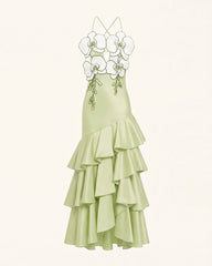 Orchid Embellished Ruffle Midi Dress - Light Green